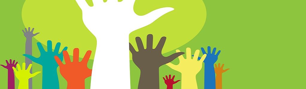 Vector background illustration with raised hands and copy space on green